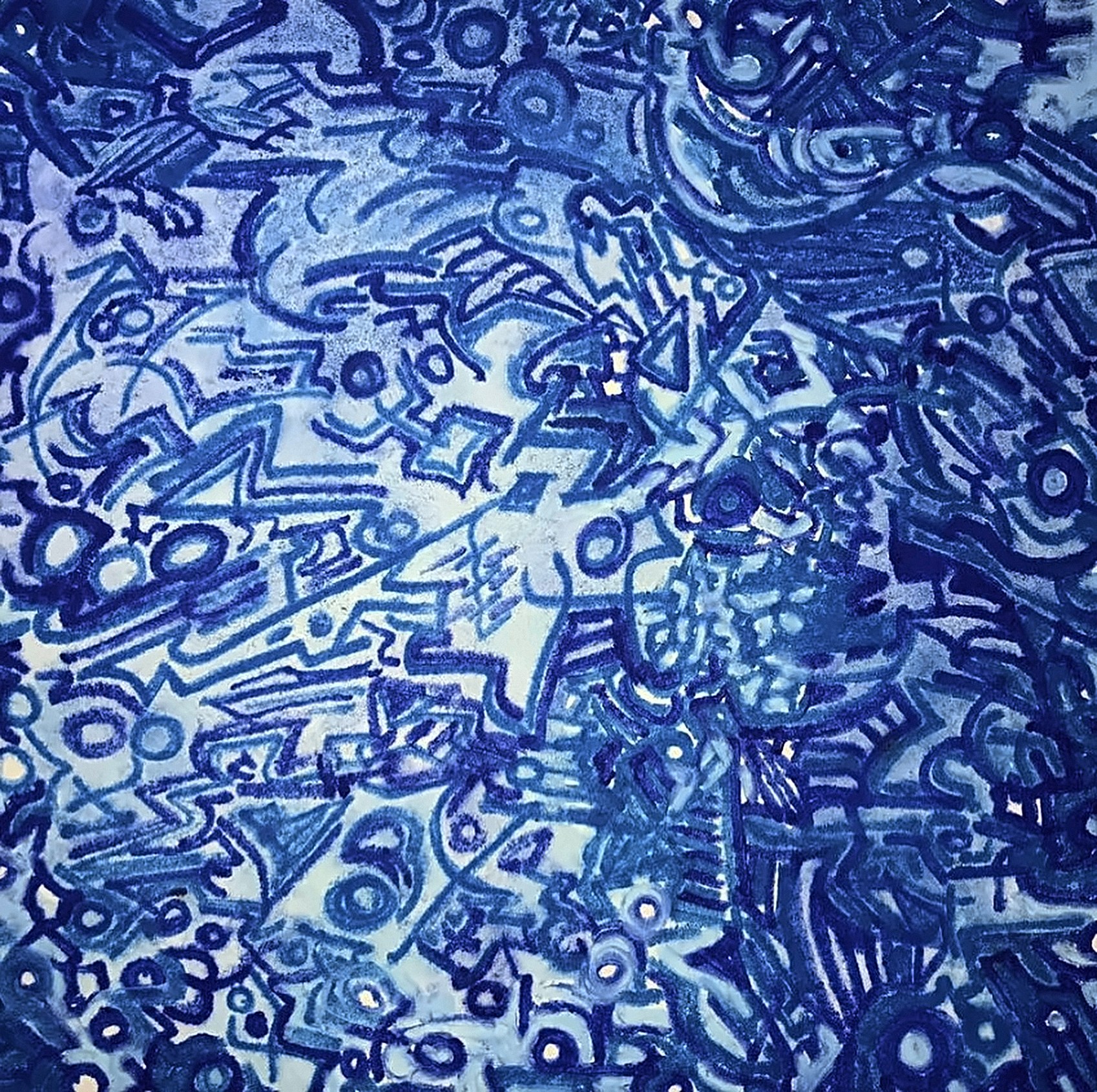 Quadro todo em tons de azul, com círculos, zigue-zagues e pequenos símbolos desenhados em traços finos.