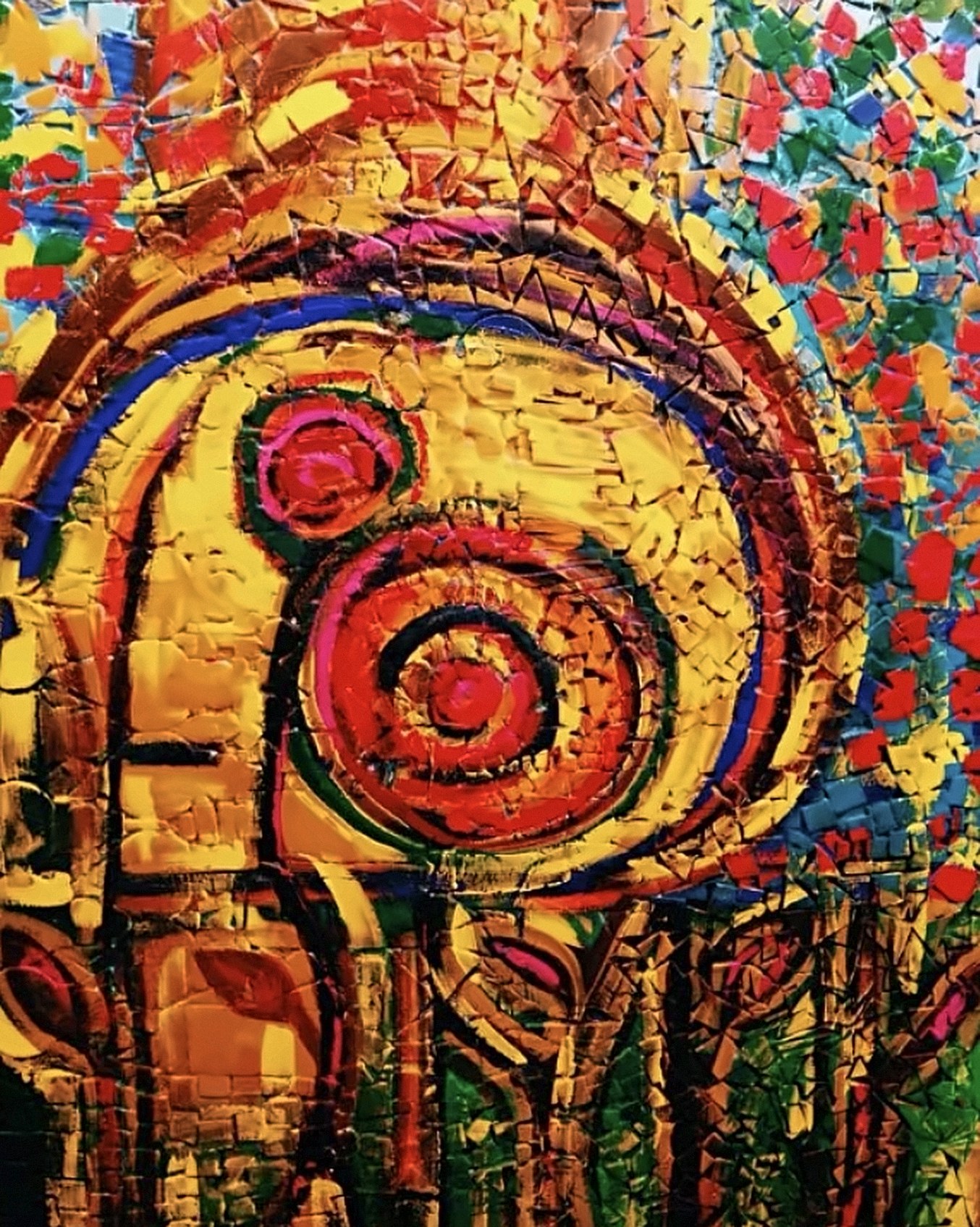 Quadro com espiral em vermelho e amarelo e fundo de pequenos fragmentos coloridos em vermelho, verde, azul e laranja.