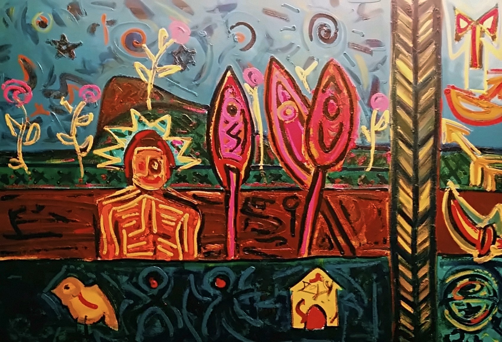 Quadro com figura humana laranja de coroa de raios, flores rosa, grandes folhas e um pássaro amarelo, sobre fundo azul, marrom e verde.