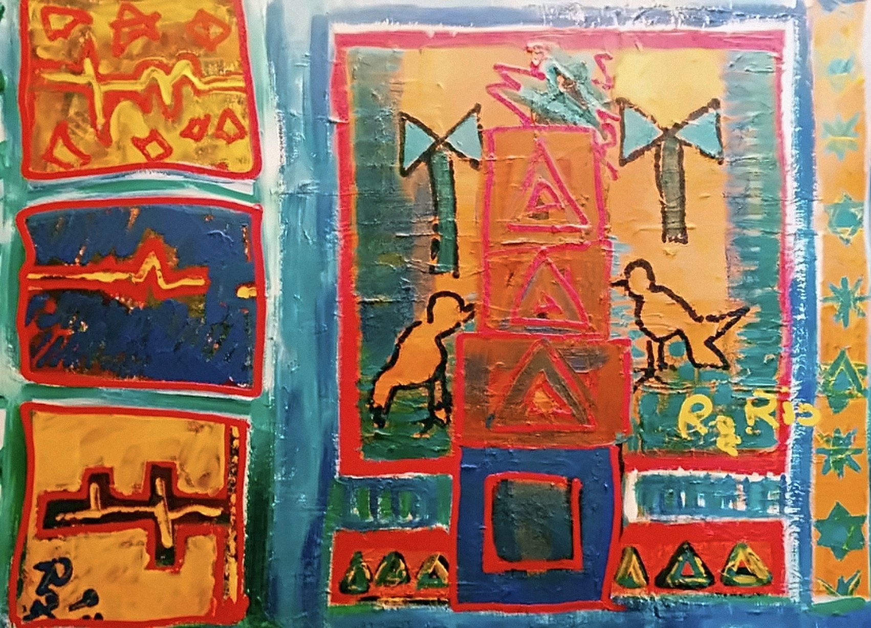 Quadro com painéis em laranja, azul e verde, dois pássaros pretos, árvores com folhas azuis e pirâmides de triângulos vermelhos.