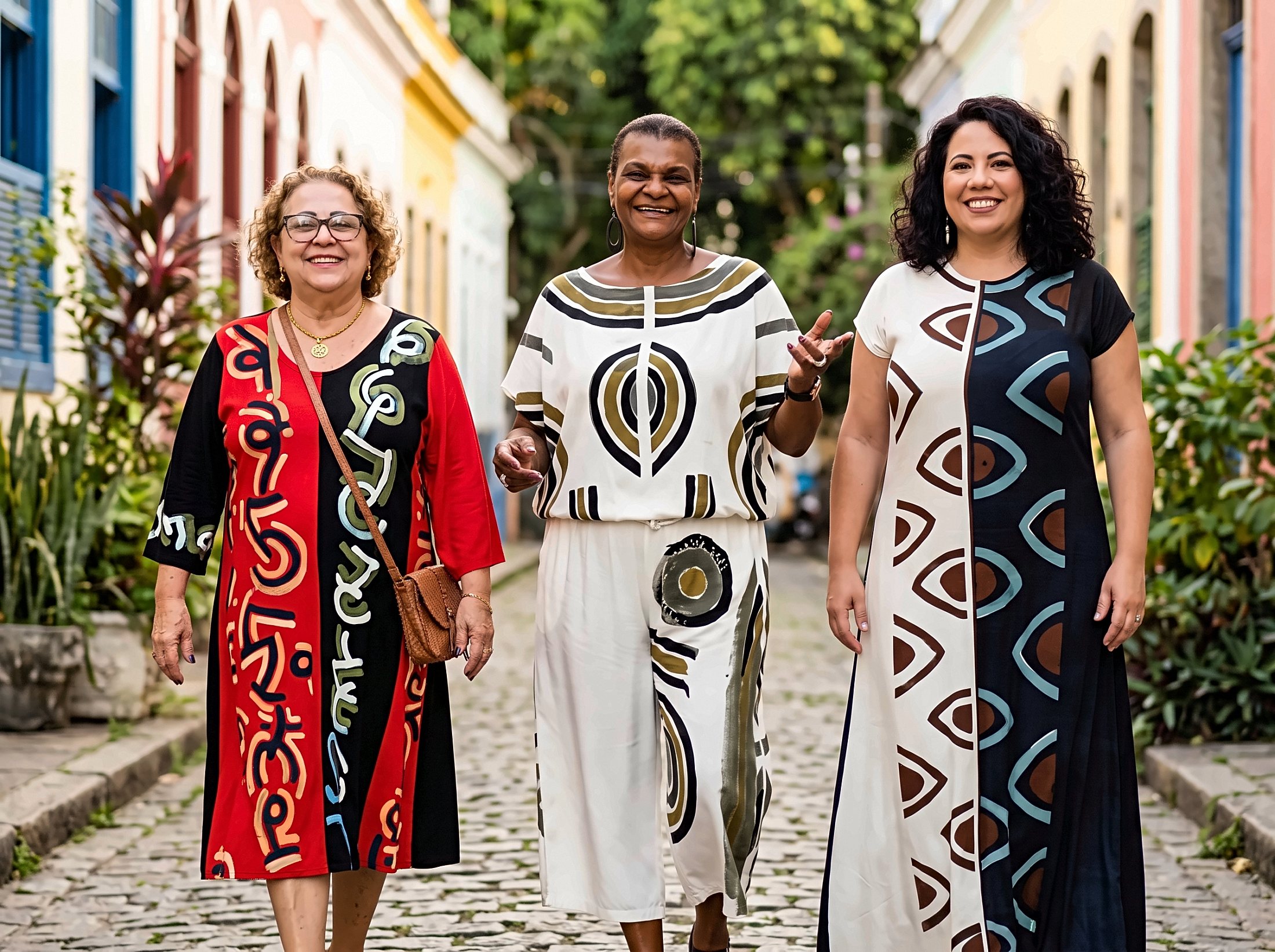 Três mulheres sorrindo, caminhando por uma rua de paralelepípedos entre casarões coloridos, vestindo peças pintadas à mão da Tribau.