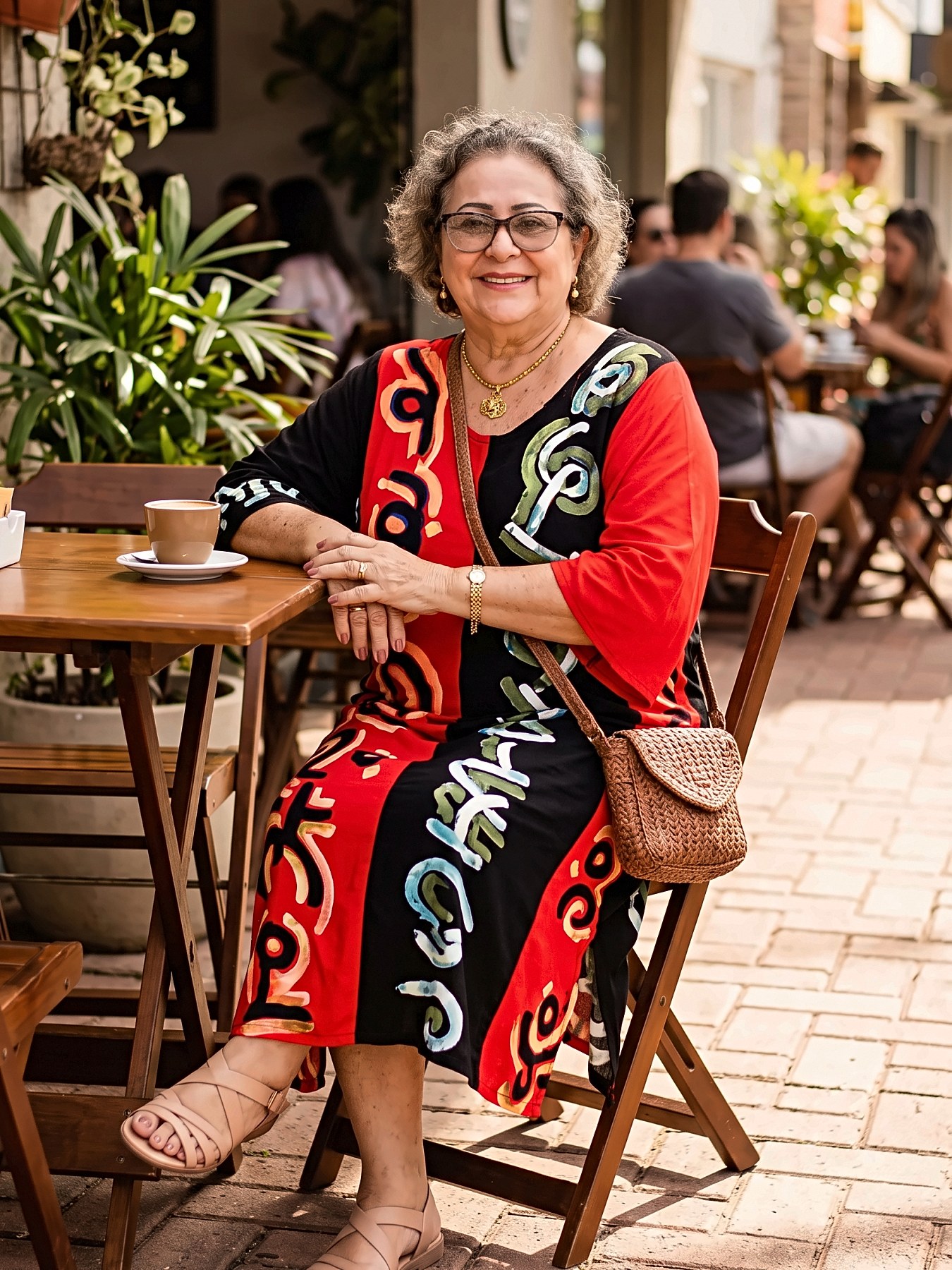 Mulher sorrindo, sentada em um café ao ar livre, vestindo vestido de manga três quartos dividido em vermelho e preto, com traços pintados à mão em laranja, verde-oliva e azul claro.