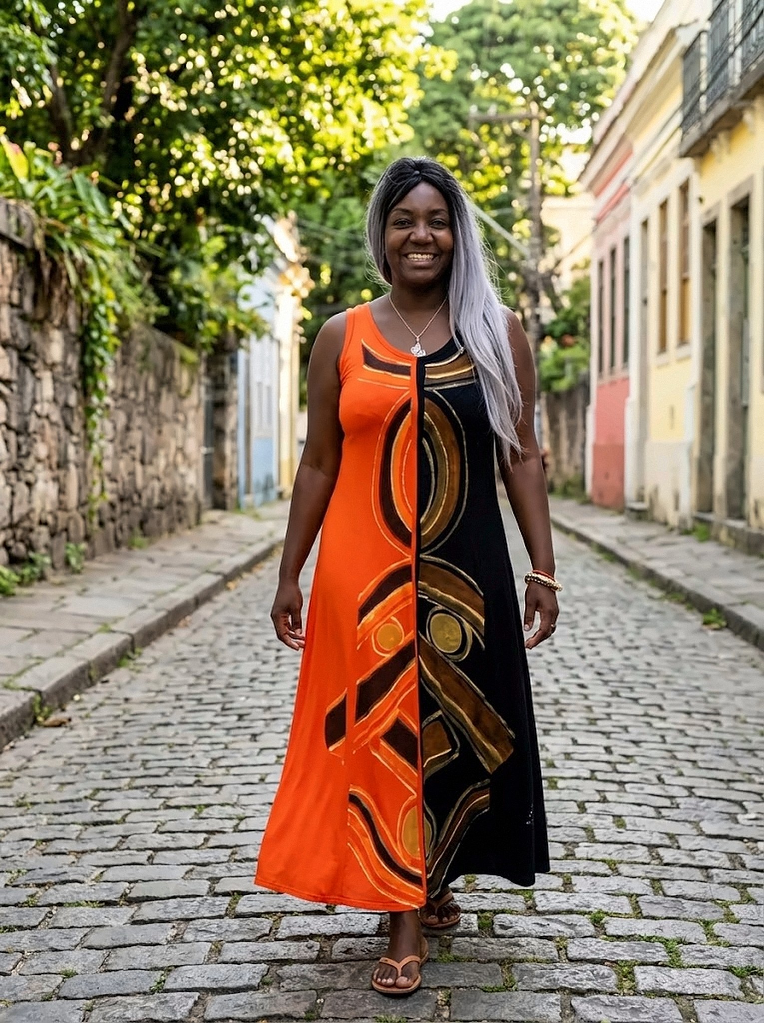 Mulher sorrindo em uma rua de paralelepípedos, com vestido longo laranja e preto pintado à mão.
